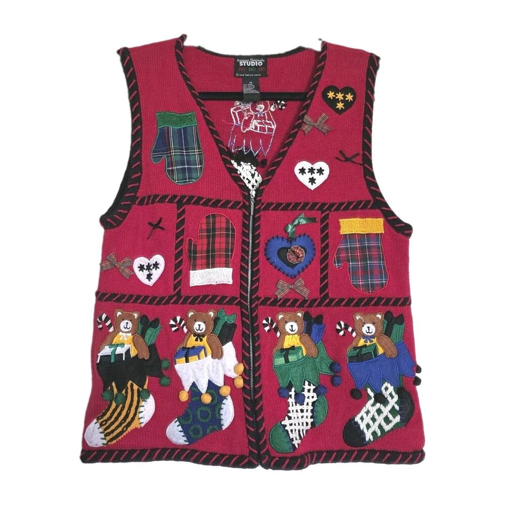 Vintage Christmas Sweater Vest Womens M Teddy Bears Cottage 90s Teacher Full Zip